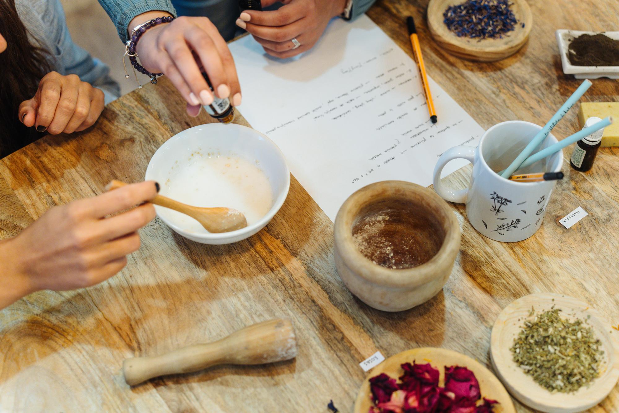 Workshop table with ingredients and notes