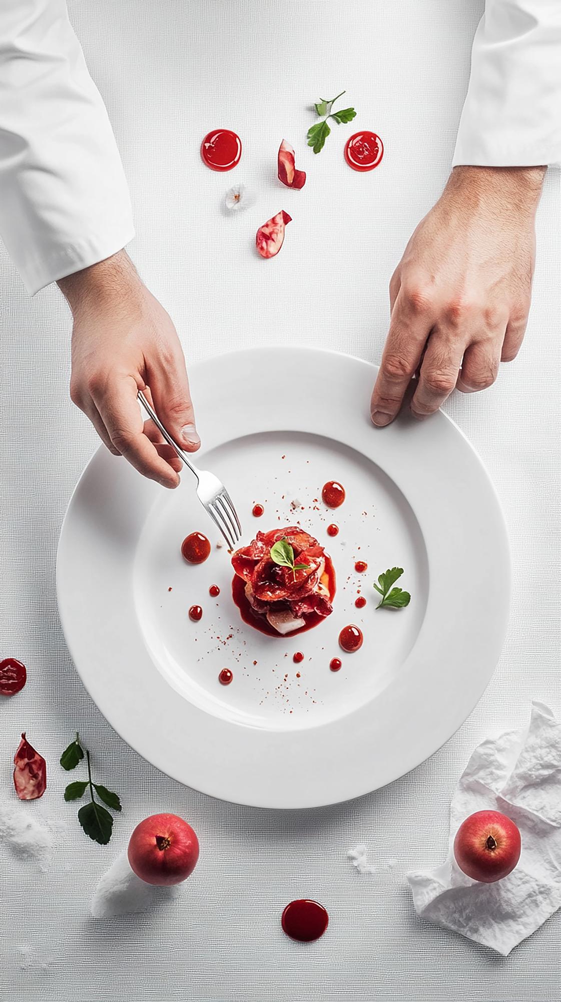 Chef preparing a plated dish with modern styling